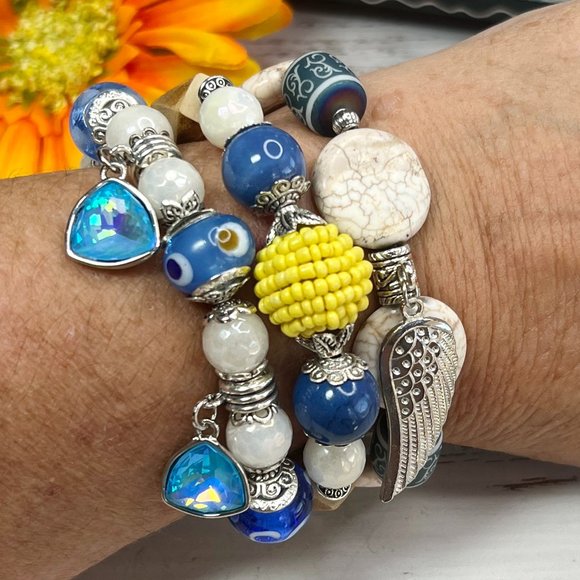 Bohemian Bracelet Stack Gemstone Crystal Handmade Blown Glass Bead Howlite New! - Picture 7 of 11